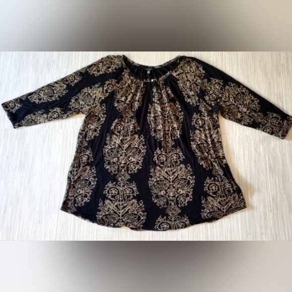 Lucky Brand Boho Tunic Top Size 2X Black Tan Peasant Indie Casual Work Office - Picture 1 of 9